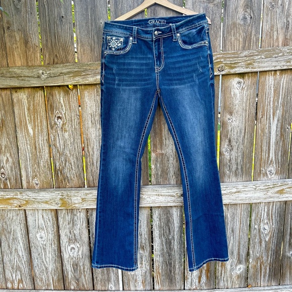 Grace in LA Dark Blue Denim Western Feathers Embellished Boot Cut Jeans Size 31 - Picture 4 of 12